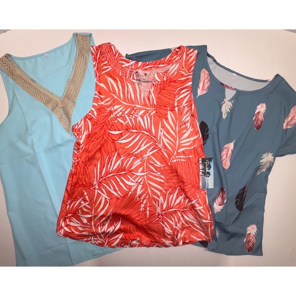 Palm Grove Tops - Womens Palm Grove Tropical Leaf Tank and Feather Print Top Bundle Blue Coral L